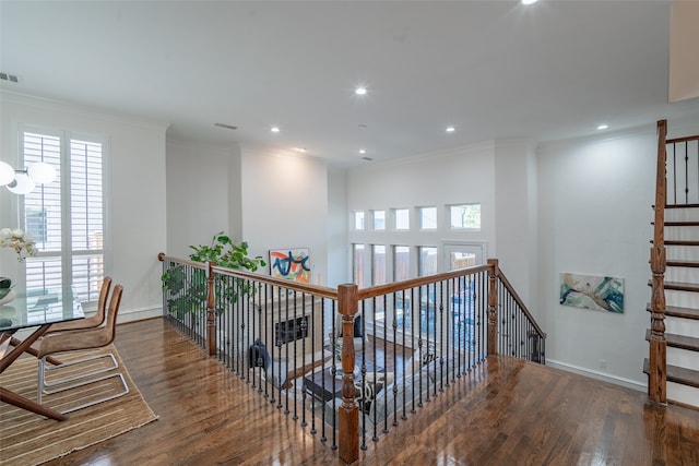 corridor with dark hardwood / wood-style floors, ornamental molding, and plenty of natural light