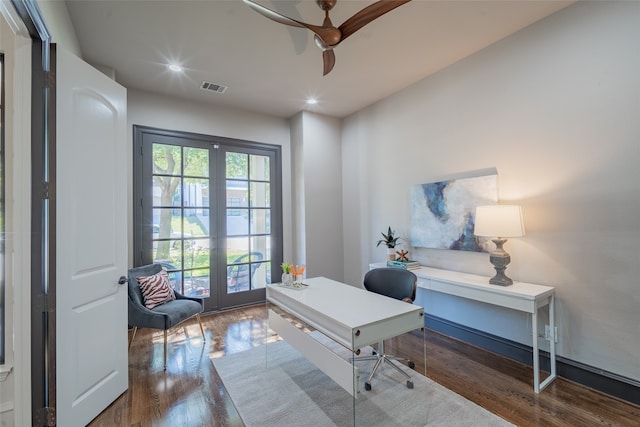 home office featuring french doors, dark hardwood / wood-style floors, and ceiling fan