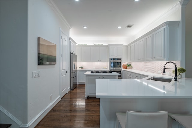 kitchen with sink, kitchen peninsula, stainless steel appliances, dark hardwood / wood-style floors, and crown molding