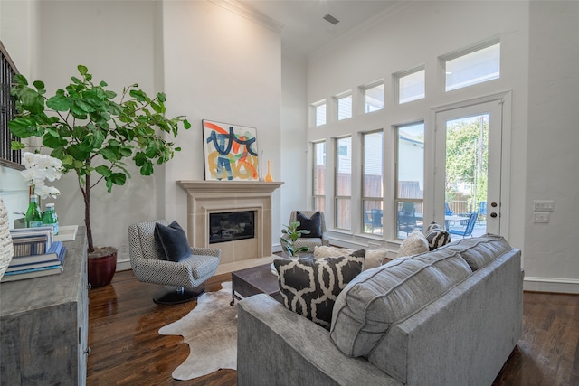 living room featuring a towering ceiling, ornamental molding, and dark hardwood / wood-style flooring