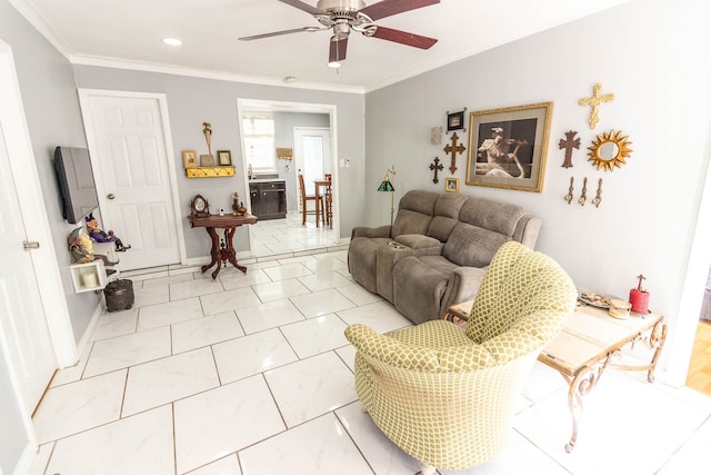 living room featuring crown molding and ceiling fan