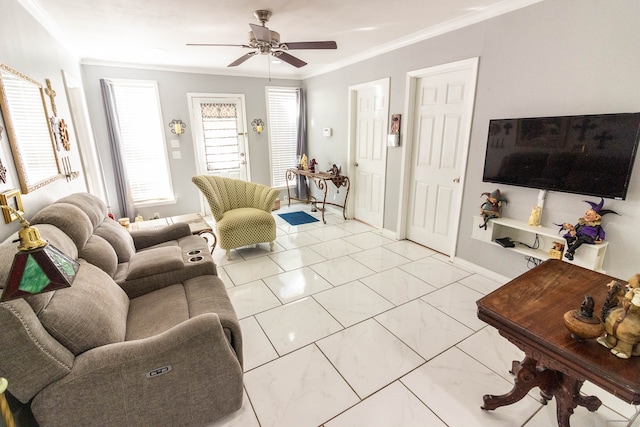 living room featuring ceiling fan and ornamental molding