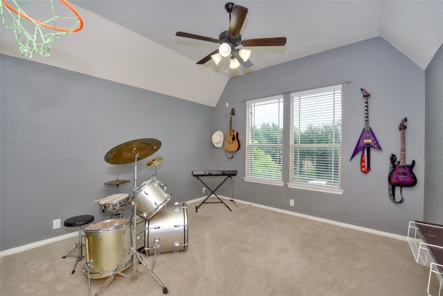 misc room featuring carpet floors, vaulted ceiling, and ceiling fan