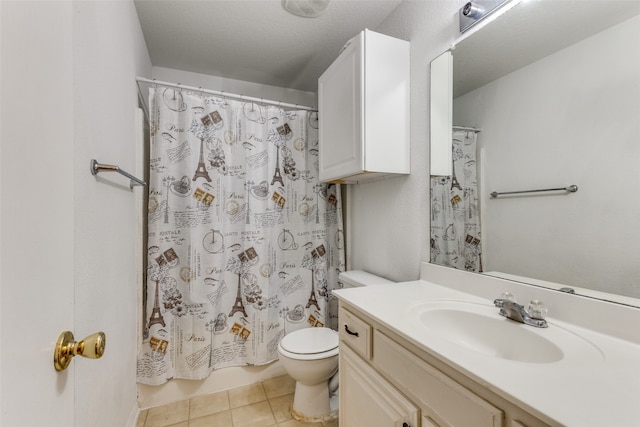 bathroom featuring vanity, toilet, a textured ceiling, tile patterned flooring, and a shower with shower curtain