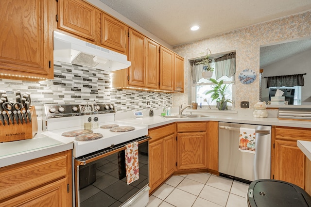 kitchen featuring light tile patterned floors, sink, tasteful backsplash, stainless steel dishwasher, and white electric range