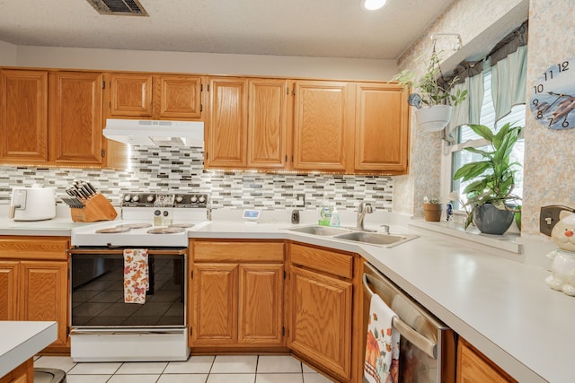 kitchen featuring light tile patterned floors, sink, stainless steel dishwasher, tasteful backsplash, and white range with electric stovetop