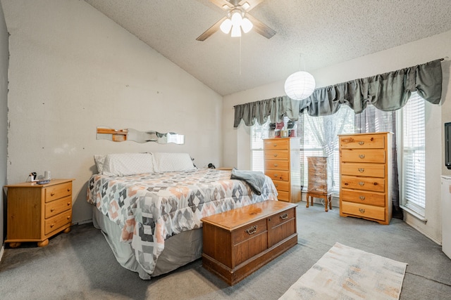 bedroom with lofted ceiling, a textured ceiling, multiple windows, and light carpet