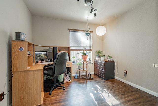 home office featuring dark hardwood / wood-style flooring