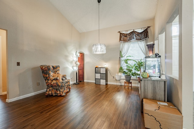 living area with a textured ceiling, dark wood-type flooring, and high vaulted ceiling