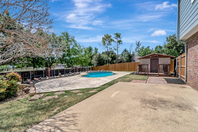 view of swimming pool with a patio area and a storage shed