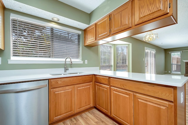 kitchen featuring a notable chandelier, stainless steel dishwasher, kitchen peninsula, sink, and plenty of natural light