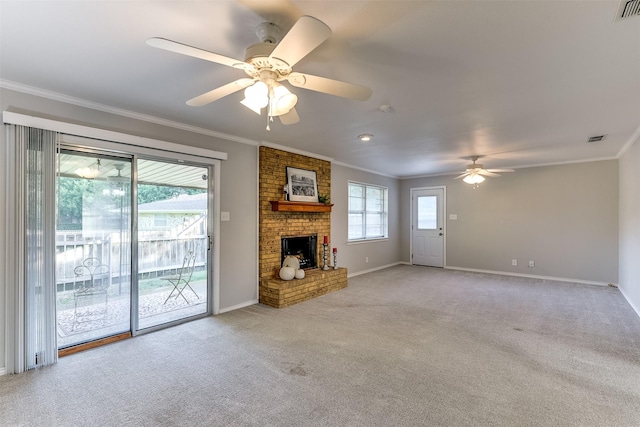 unfurnished living room with a fireplace, light carpet, ceiling fan, and ornamental molding