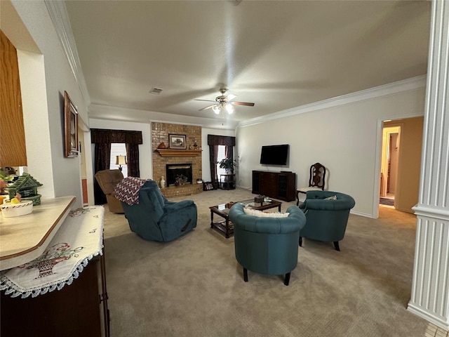 living area featuring ornamental molding, ceiling fan, and light colored carpet