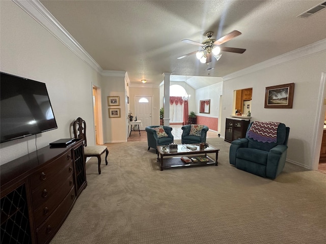 living room with light colored carpet, ornamental molding, ceiling fan with notable chandelier, baseboards, and visible vents