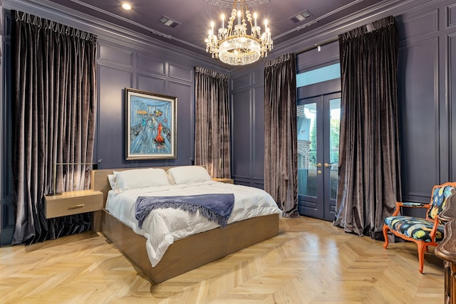 bedroom featuring light parquet flooring, ornamental molding, and access to outside