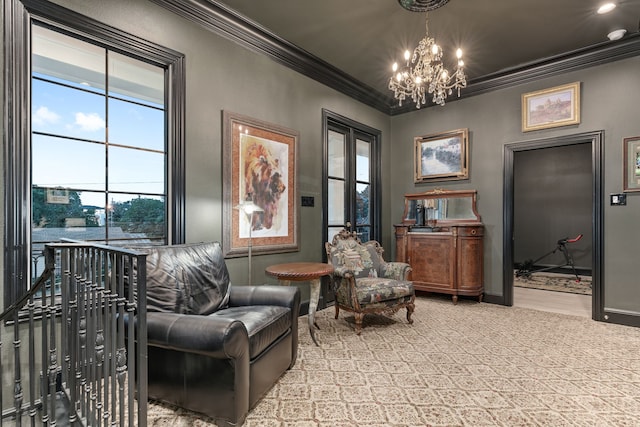 sitting room featuring ornamental molding and an inviting chandelier