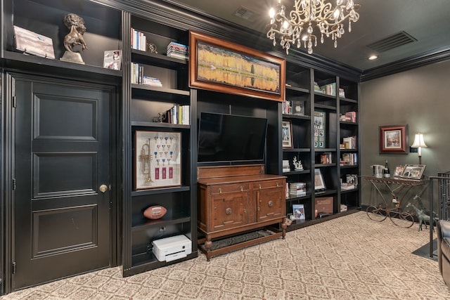 interior space with ornamental molding and a notable chandelier