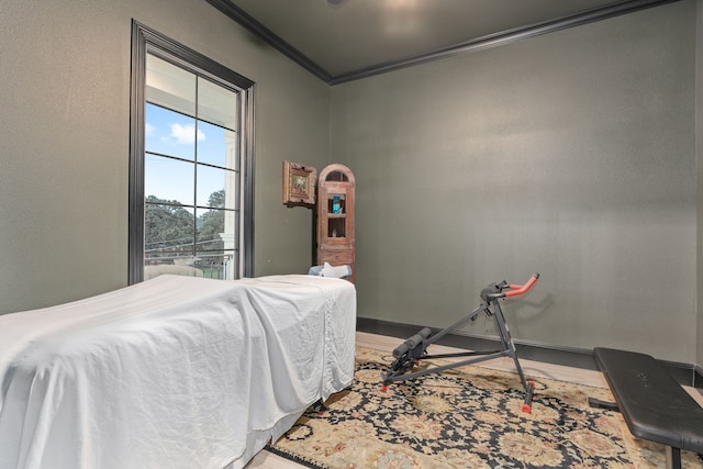 bedroom with crown molding and wood-type flooring