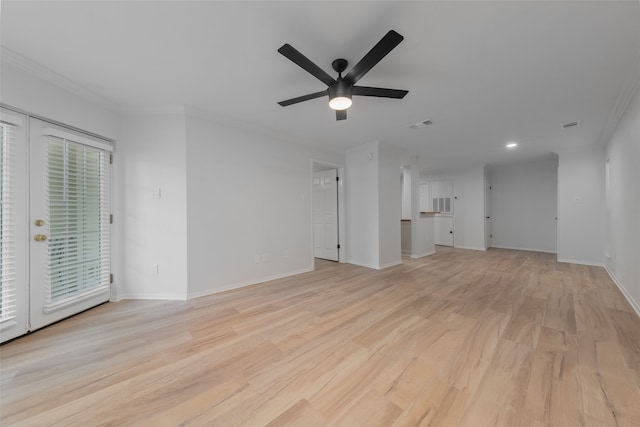 unfurnished living room featuring ceiling fan, light hardwood / wood-style floors, and ornamental molding