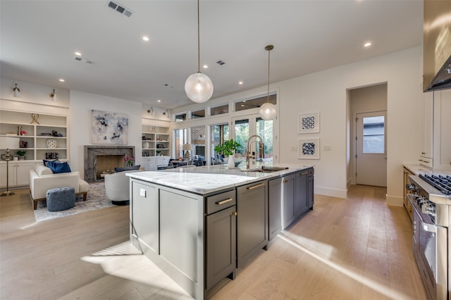 kitchen featuring an island with sink, light wood-type flooring, light stone counters, sink, and a high end fireplace