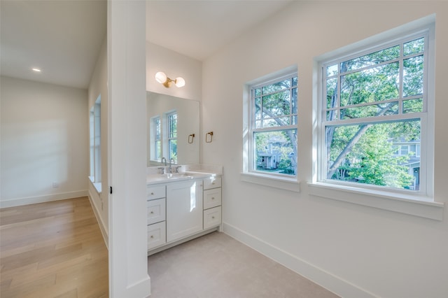 bathroom with vanity, hardwood / wood-style flooring, and a healthy amount of sunlight