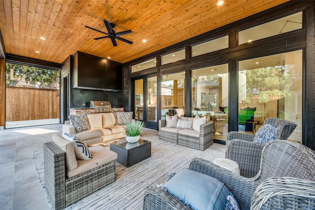 exterior space with wood ceiling and ceiling fan