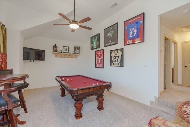 rec room with ceiling fan, light carpet, pool table, and vaulted ceiling