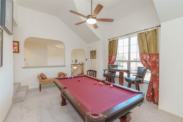 recreation room featuring high vaulted ceiling, pool table, carpet, and ceiling fan