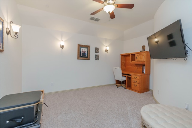 sitting room featuring ceiling fan and light carpet