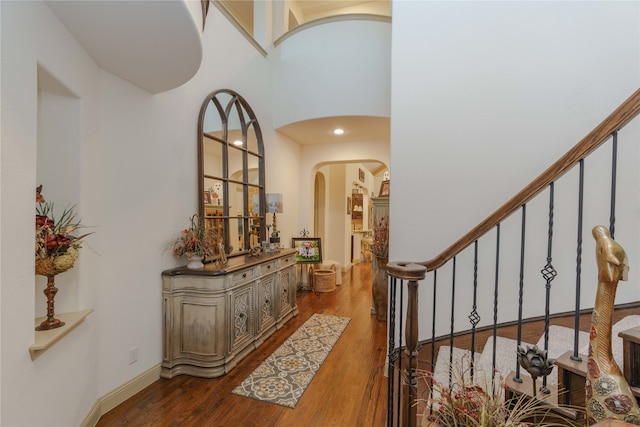 foyer with dark wood-type flooring and a towering ceiling