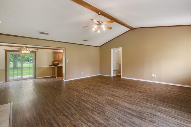 spare room with vaulted ceiling with beams, dark hardwood / wood-style flooring, and ceiling fan