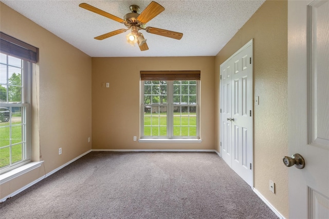 carpeted spare room featuring ceiling fan, a wealth of natural light, and a textured ceiling