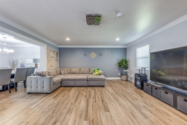 living room with recessed lighting, a notable chandelier, ornamental molding, and wood finished floors