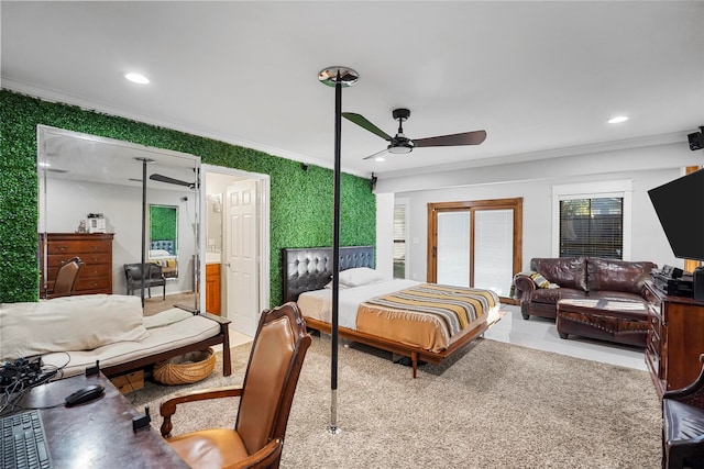 bedroom featuring ceiling fan and ornamental molding