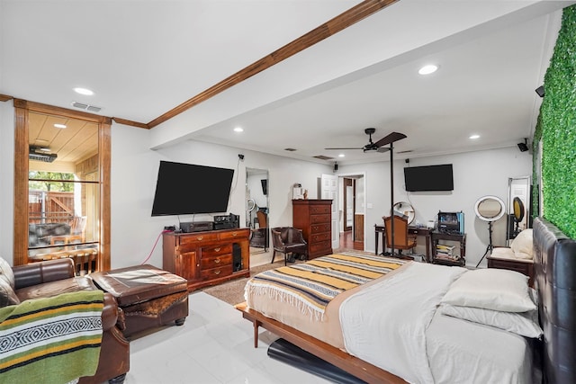 bedroom featuring ceiling fan and ornamental molding