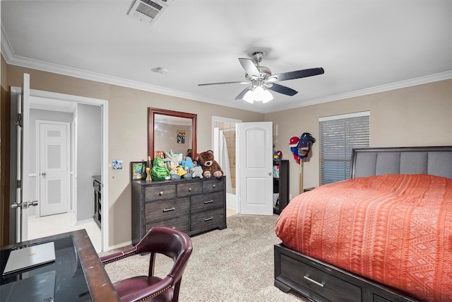 bedroom featuring ensuite bath, ceiling fan, crown molding, and light colored carpet