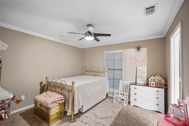 bedroom with carpet, ceiling fan, ornamental molding, and multiple windows