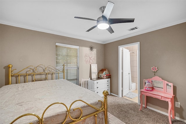 bedroom featuring carpet flooring, connected bathroom, ceiling fan, and crown molding