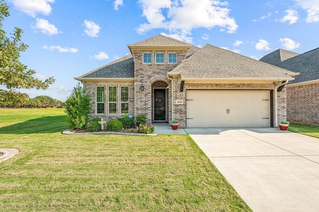 view of front of house featuring a garage and a front lawn