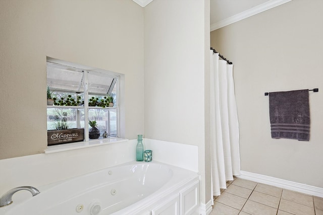 bathroom featuring crown molding, tile patterned floors, and shower with separate bathtub