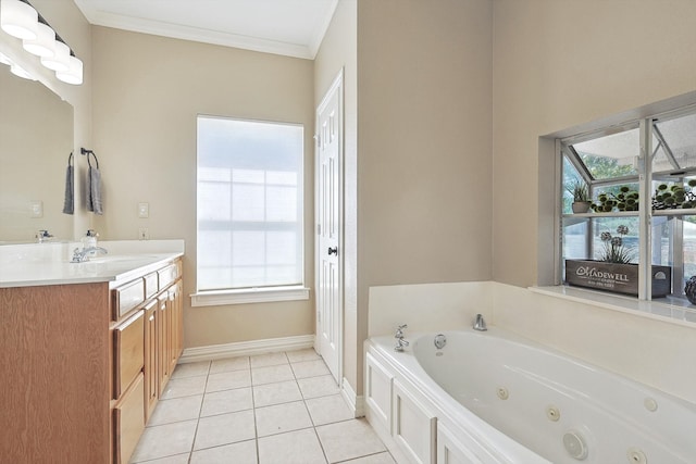 bathroom featuring a bathtub, tile patterned floors, vanity, and ornamental molding