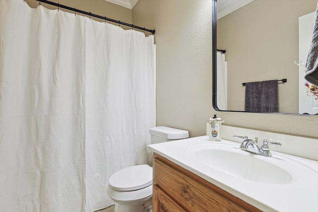 bathroom featuring vanity, toilet, and curtained shower