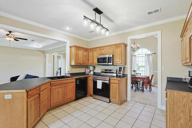 kitchen featuring stainless steel appliances, sink, ceiling fan with notable chandelier, hanging light fixtures, and ornamental molding