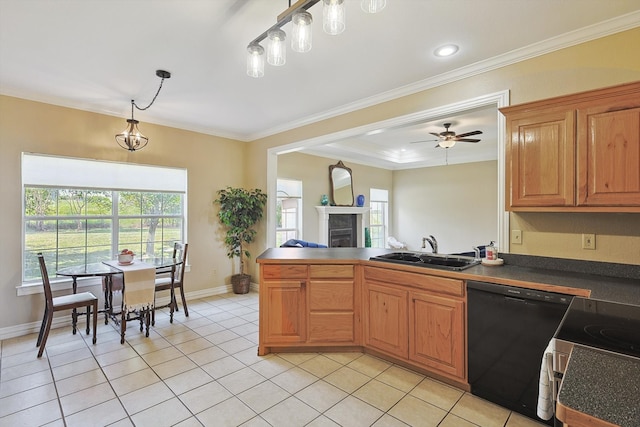 kitchen with sink, black dishwasher, ornamental molding, decorative light fixtures, and light tile patterned floors