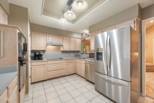 kitchen with light brown cabinets, a textured ceiling, appliances with stainless steel finishes, and sink