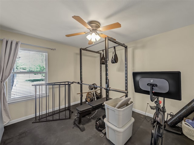 workout room with ceiling fan