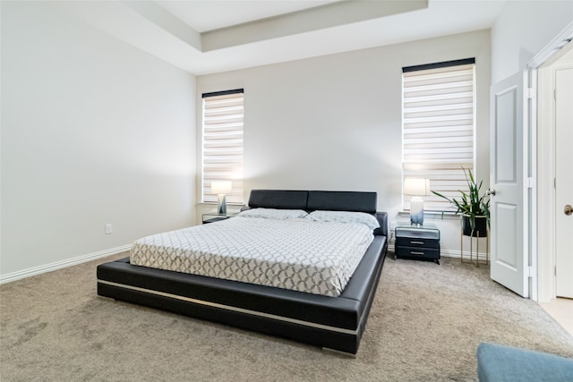 bedroom with carpet flooring and a tray ceiling