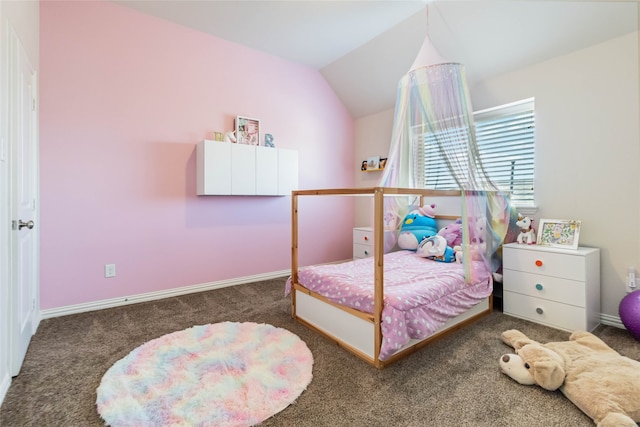 carpeted bedroom featuring vaulted ceiling