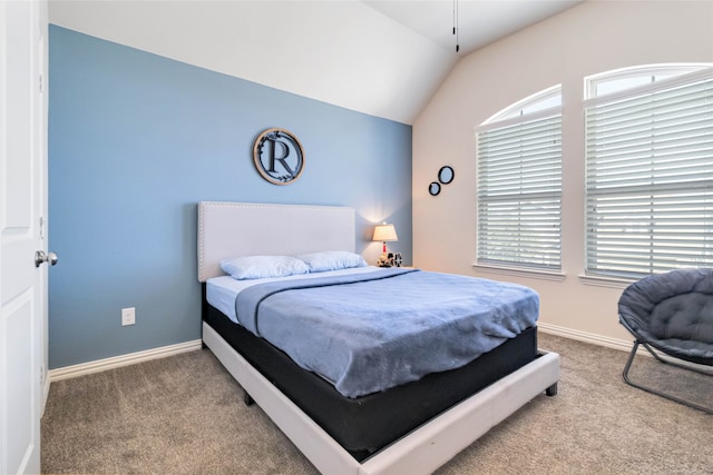 bedroom featuring carpet and vaulted ceiling