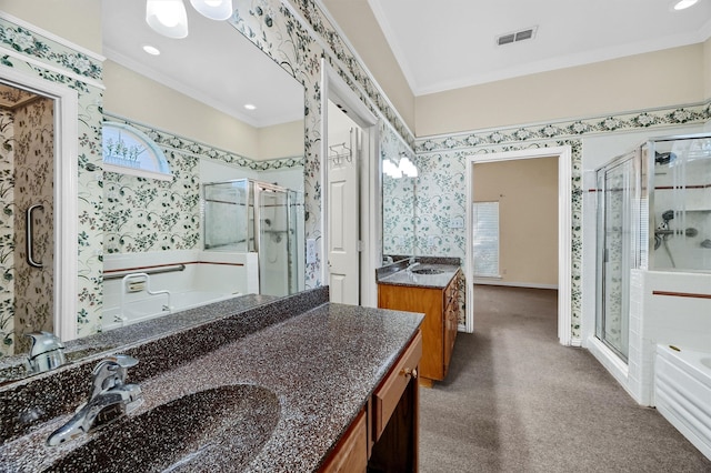 bathroom featuring ornamental molding, vanity, and independent shower and bath